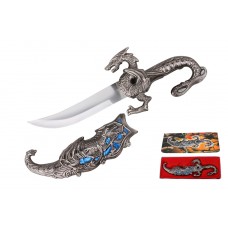 New 10" Chrome / Blue Inlay Fighting Flying Dragon Dagger Fantasy Sword Knife & Metal Sheath